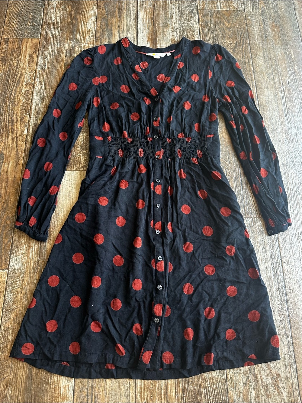 Boden Midi Smocked Waist Red Polka Dot Button Flowy A-line Work Dress Size 6